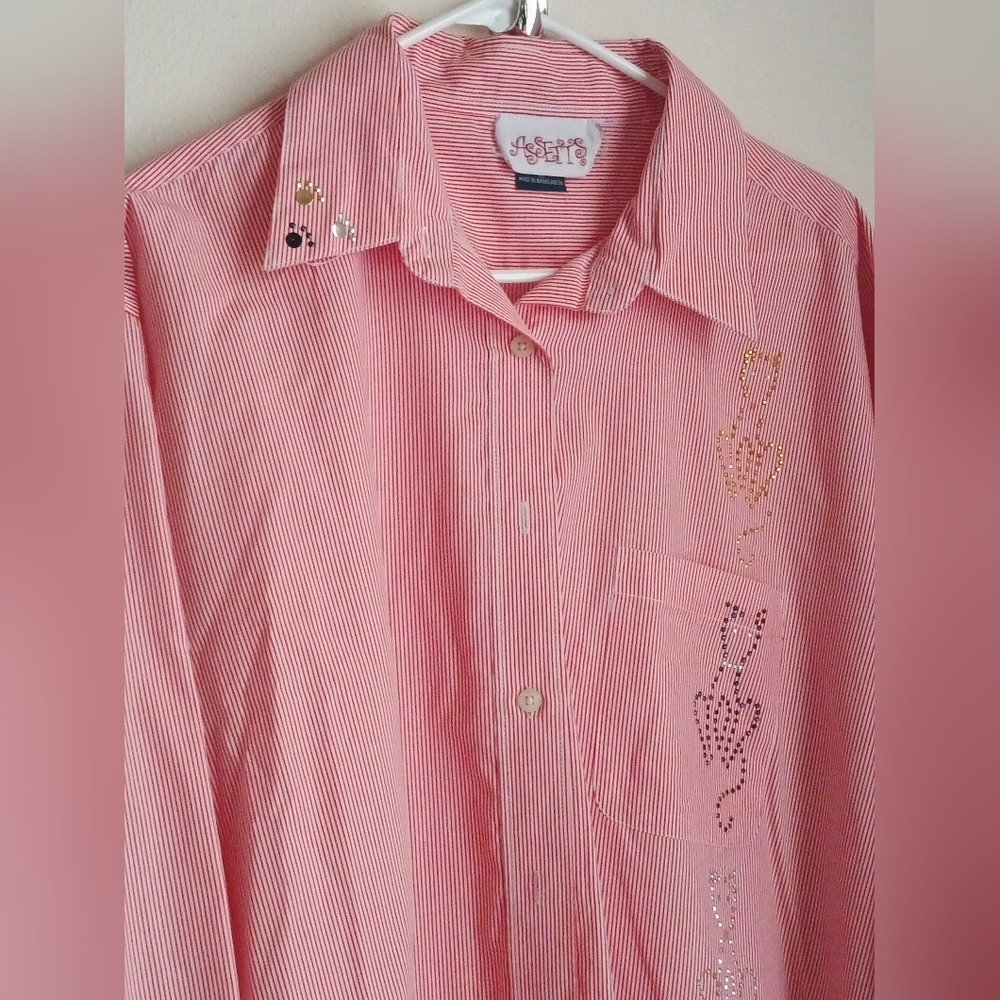 Assets Blouse Women 1X Red & White Casual Button Down Shirt Artsy Embellishments - Picture 2 of 6